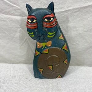 Vintage Hand Carved Wood Cat Figurine Hand Painted Teal Blue Folk Art 8 Inch